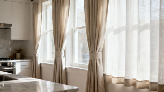 Elegante Küchentischdecke mit stilvollen Vorhängen und sanftem Licht.