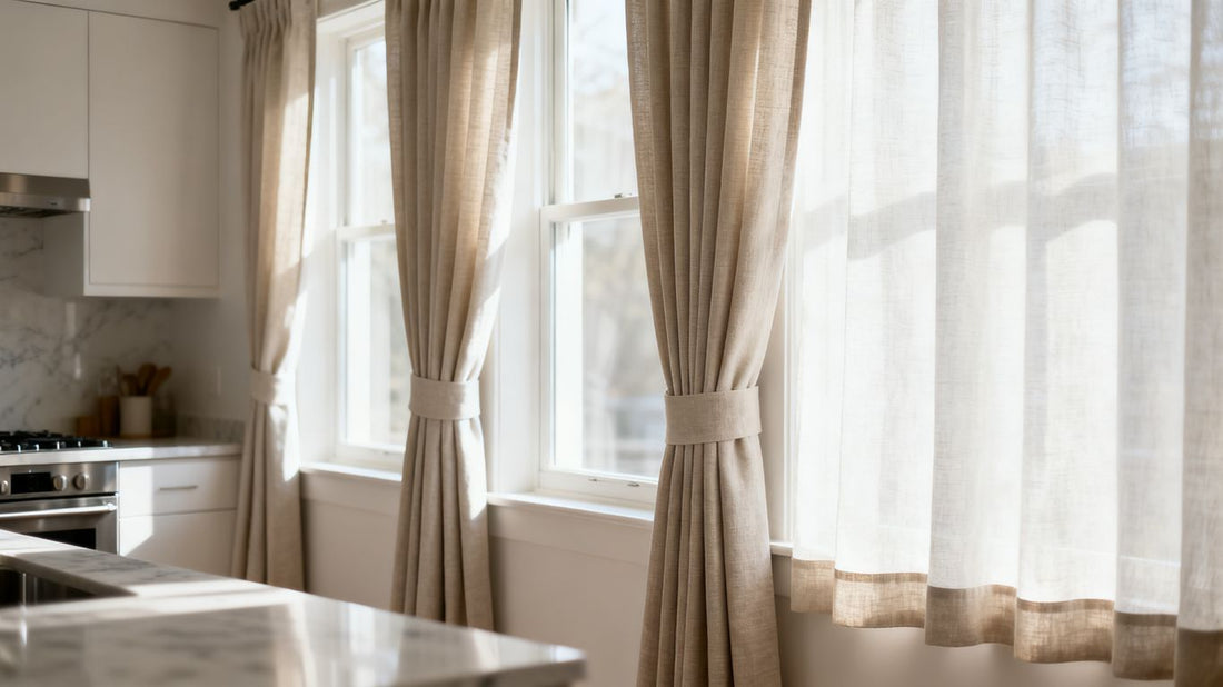 Elegante Küchentischdecke mit stilvollen Vorhängen und sanftem Licht.