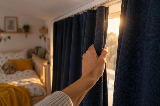 Hand zieht einen dunkelblauen Verdunkelungsvorhang an einer Schiene im Kinderzimmer zu